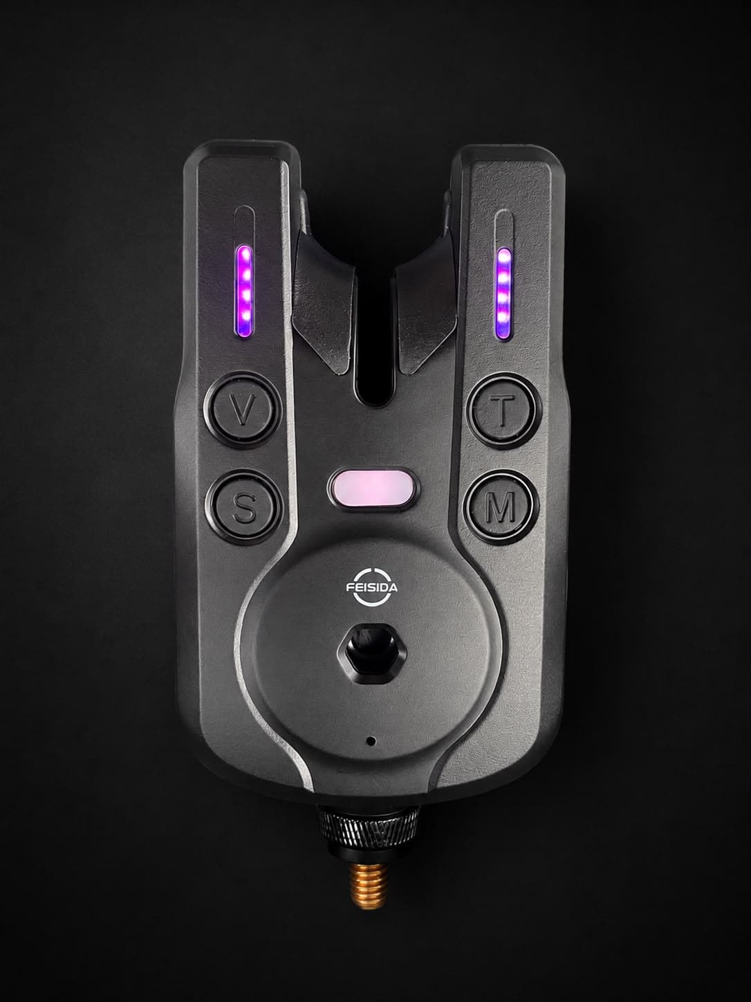 Alarma Feisida F9 de frente con los dos LED encendidos en violeta